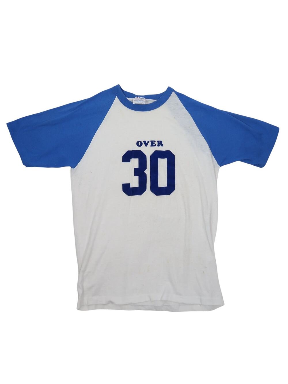 Vintage 80s Over 30 Jersey T-Shirt Hanes 50/50 Single Stitch White Blue Raglan